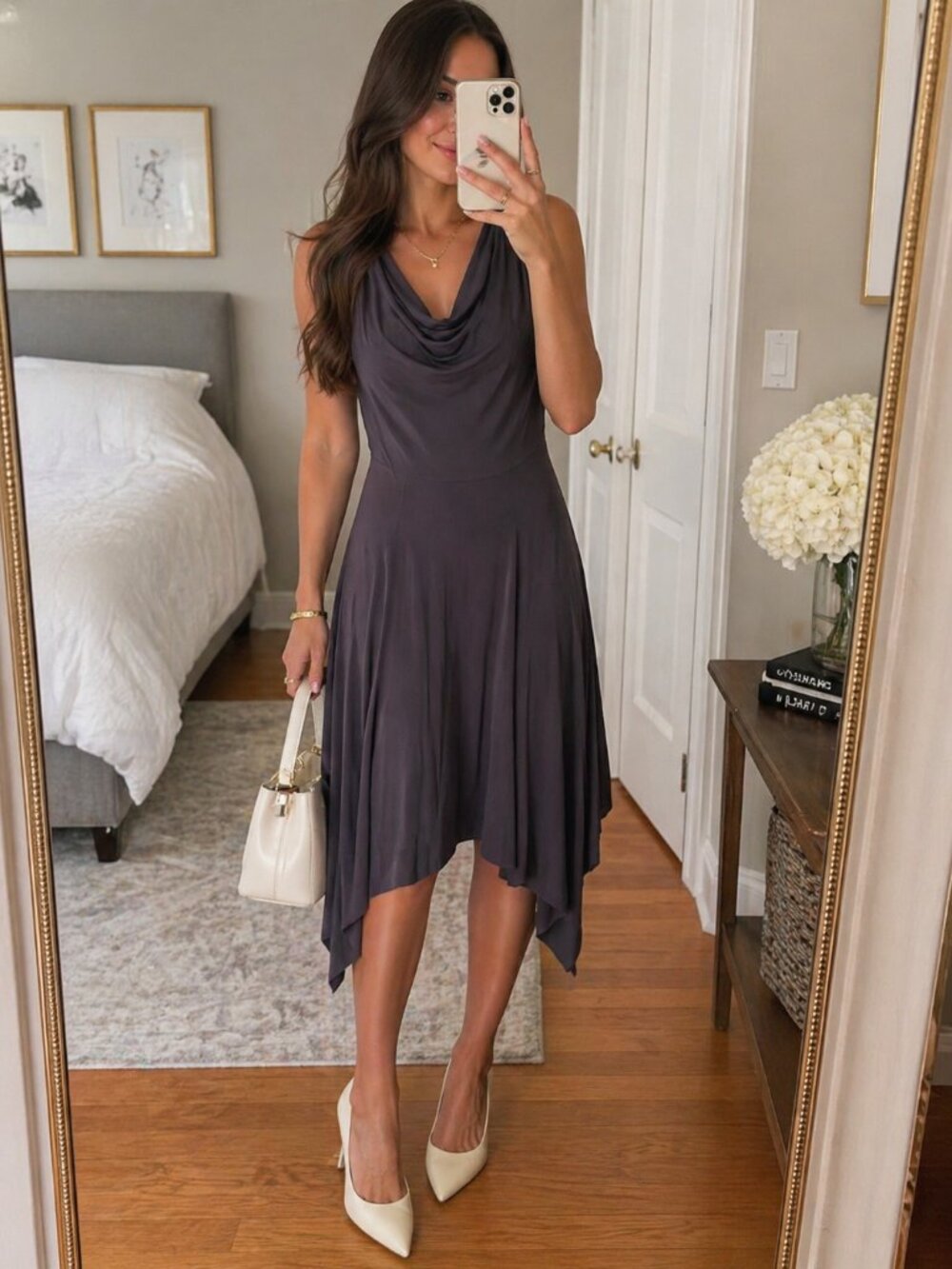 Figure-friendly! Charcoal Cowl Neck Handkerchief Hem Dress | Sz XL